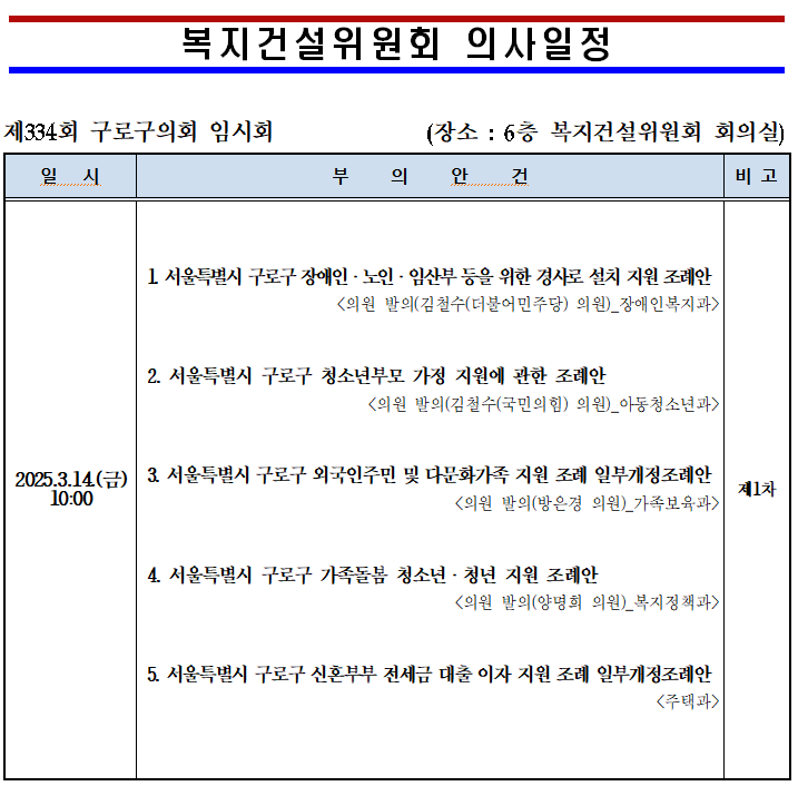 '제334회 임시회 의사일정' 게시글의 사진(8) '제334회 임시회 복지건설위원회 의사일정.png'